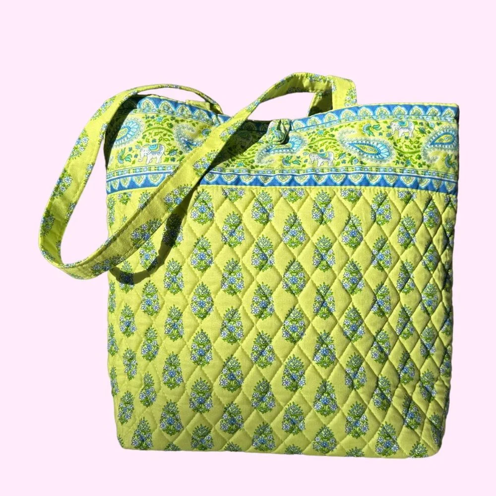 Vera Bradley Retired Tote Bag EUC Quilted Paisley Yellow Blue Elephants USA-Made - Picture 4 of 13